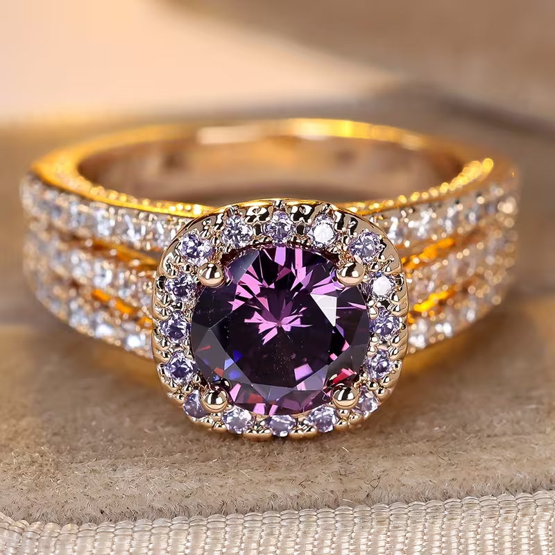 Goldener Amethyst-Halo-Ring