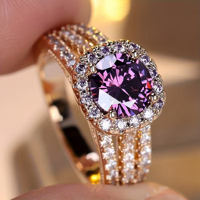 Goldener Amethyst-Halo-Ring
