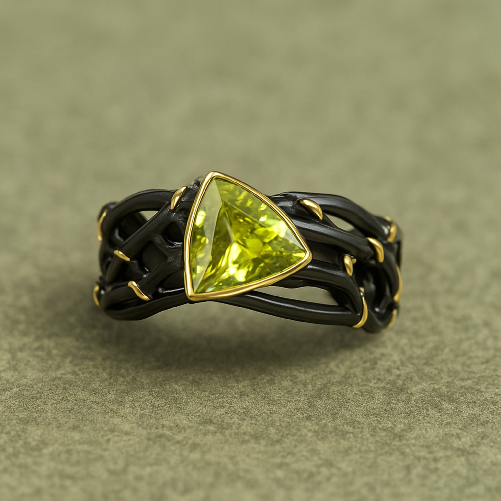 Geflochtener Schwarzgold-Ring mit grünem Edelstein