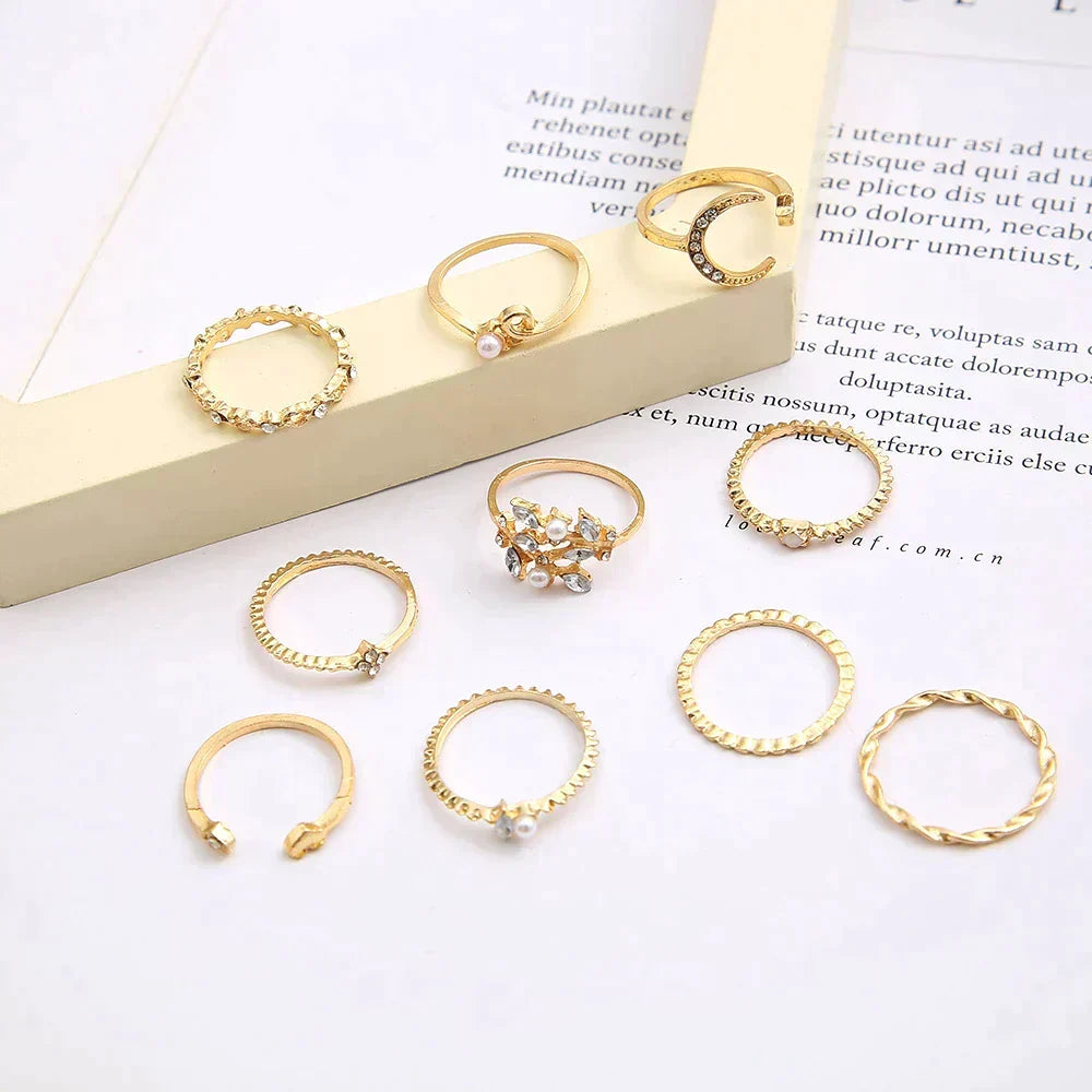 10-teiliges Boho-Ring-Set in Silber und Gold