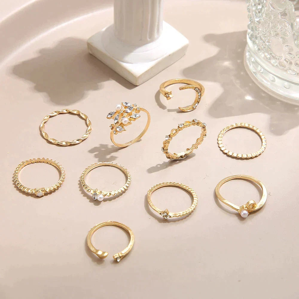 10-teiliges Boho-Ring-Set in Silber und Gold