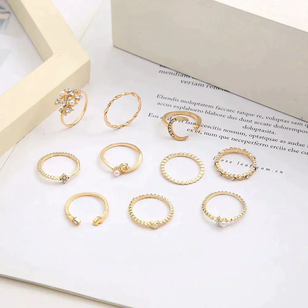 10-teiliges Boho-Ring-Set in Silber und Gold