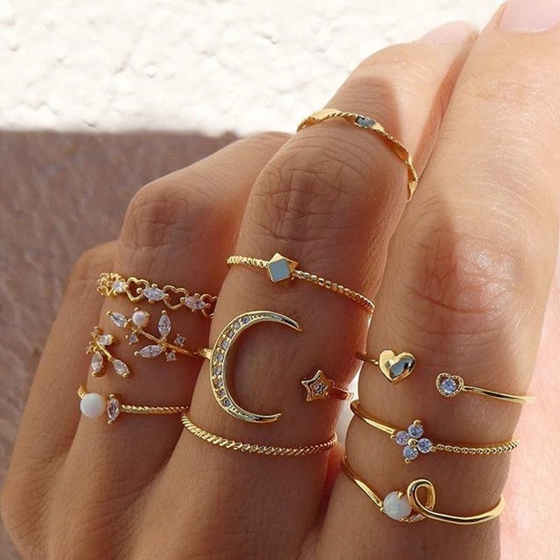 10-teiliges Boho-Ring-Set in Silber und Gold