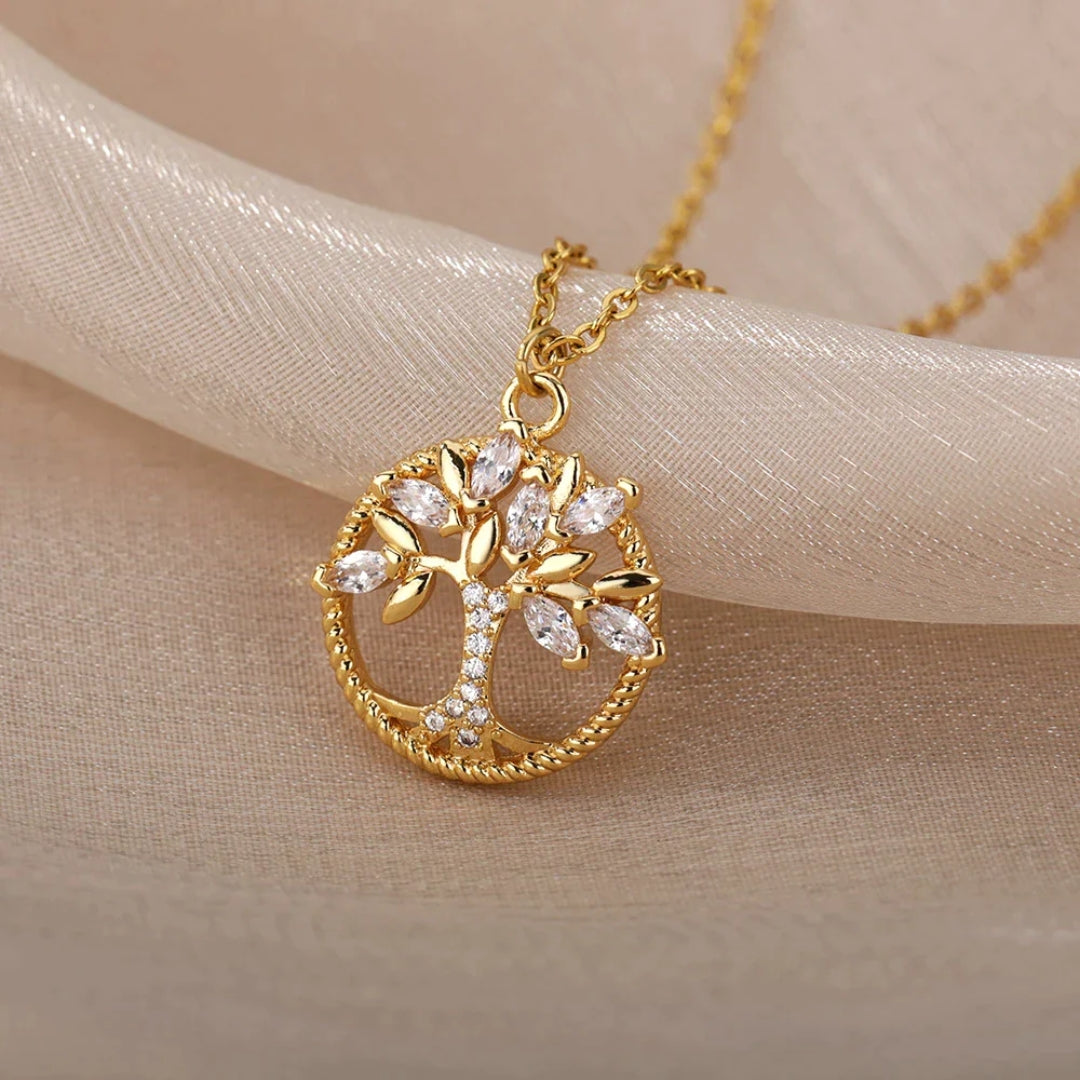 Goldkette mit Lebensbaum-Anhänger und Kristall