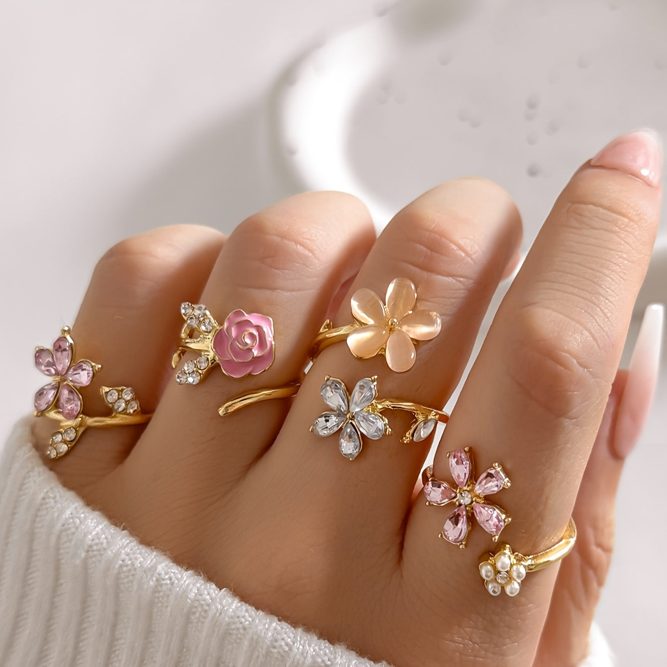 Ring-Set aus Legierung mit Strasssteinen und Perlen