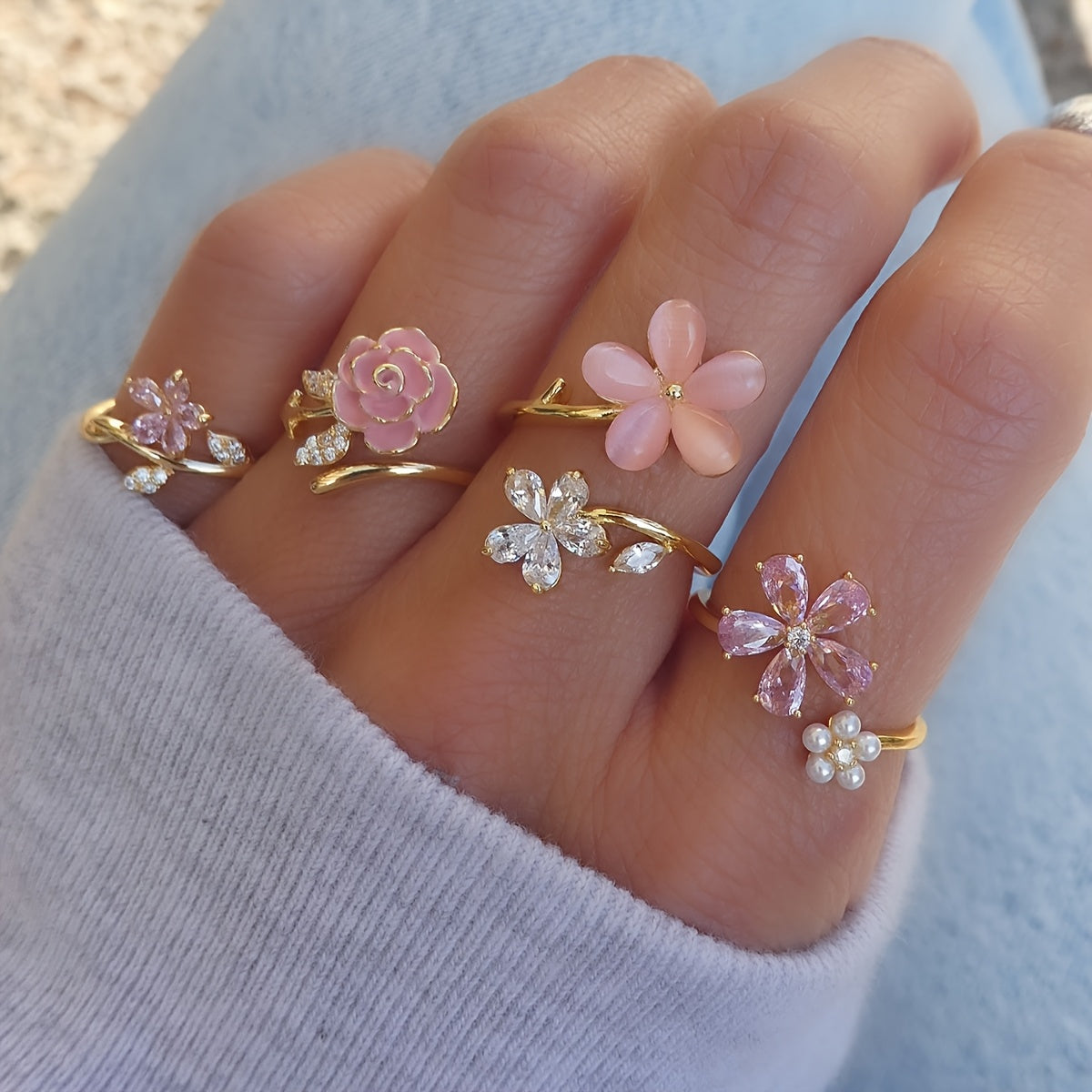 Ring-Set aus Legierung mit Strasssteinen und Perlen